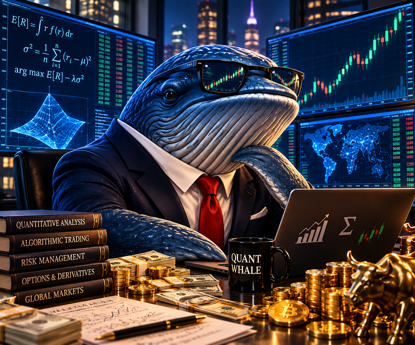 QuantWhale, a blue whale in a Wall Street suit and sunglasses at a quantitative trading desk